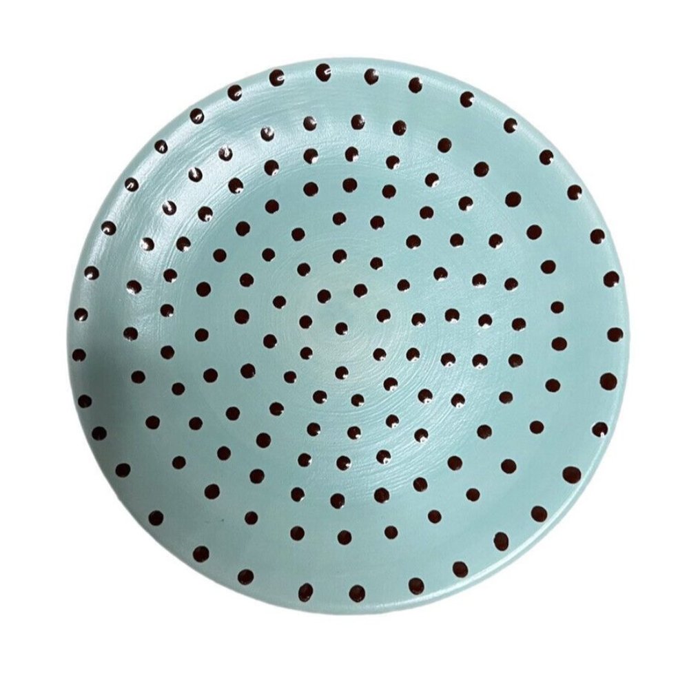VTG MCM Kari Ceramics Teal Deco Plate Dot Design Handmade